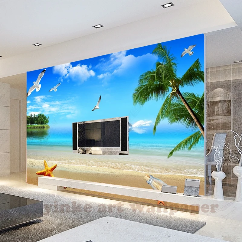 Фотообои на заказ 3d фрески морской берег санспляж кокосовое дерево птица