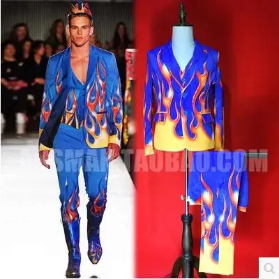S 5XL новая мужская одежда певец ди джей gd синий фон красное пламя костюм комплект