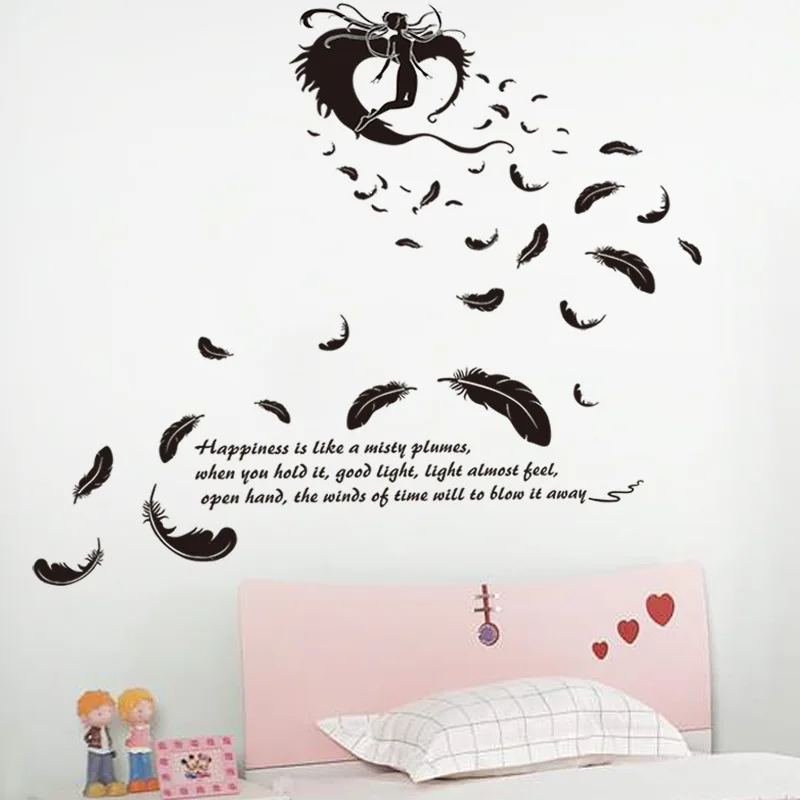 

Black Flying Feather Angel Wall Stickers for Living Room TV Background Bedroom Home Decoration Art Wall Decals Waterproof Murals