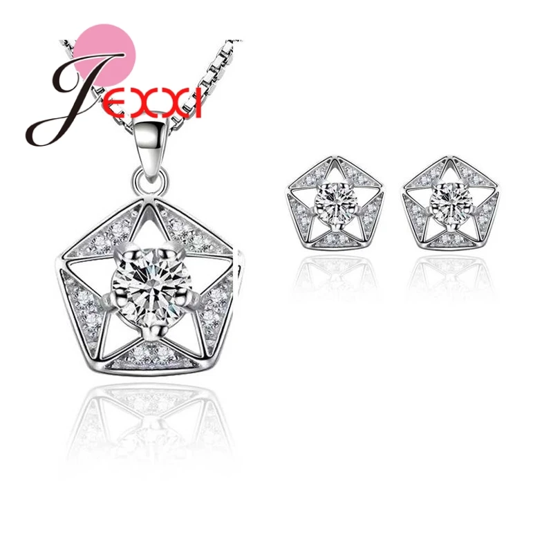 

Geometric Fashion 925 Sterling Silver Stars Shape With Round Crystals Design Necklace+Earrings Jewelry Sets For Women