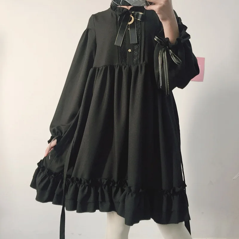 

Women Black Ruffles Dress Lantern Sleeve Lolita Style Japanese Harajuku Student's Dress Sweet Kawaii Cute Bow Girl Chiffon Dress