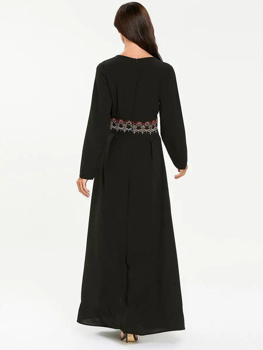 Женское длинное платье с вышивкой Abaya черное платье-Кафтан круглым вырезом в