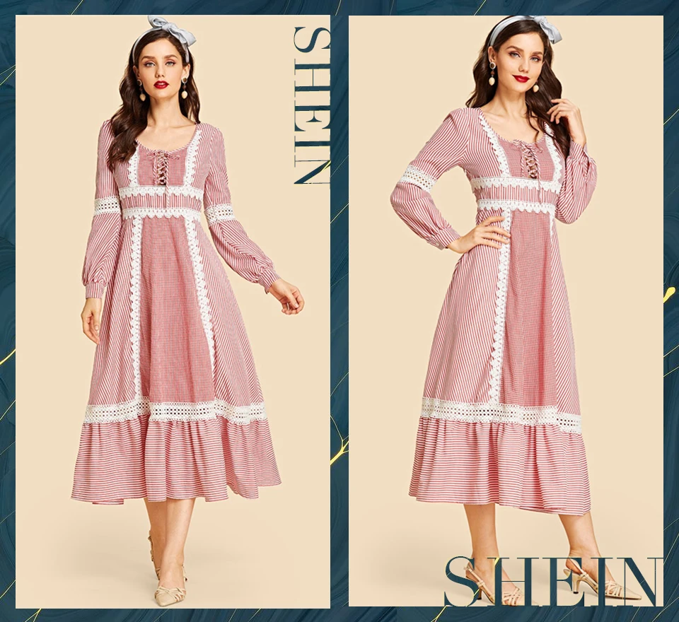 SHEIN Макси Платье В Стиле Кантри, Длинное Платье С Ажурными Вставками, Макси Платье В Полоску