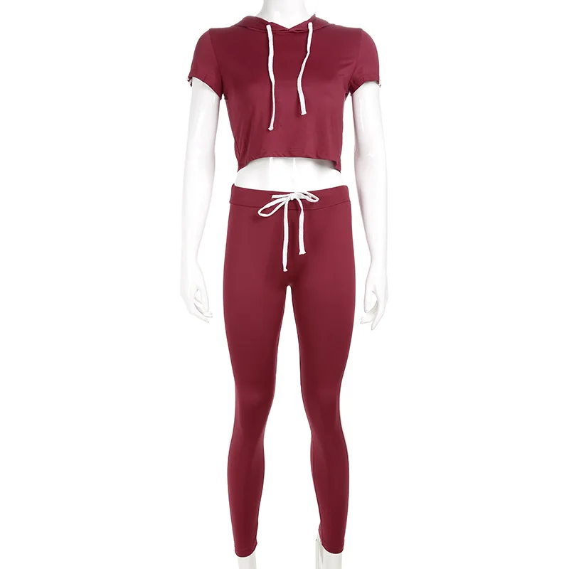 Red Crop Top Pants Two Pieces Set Women Short Sleeve Hoodies Striped Patchwork Capris Fitness High Waist 2019 Summer |