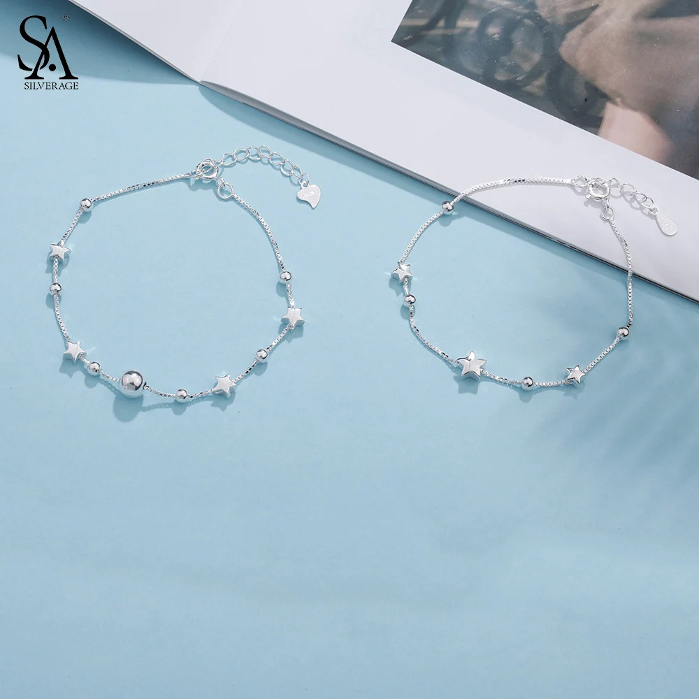 SA SILVERAGE 925 Silver Star Ball Chain Link Bracelets Pulseira Feminina Sterling Charms Bangles for Women | Украшения и