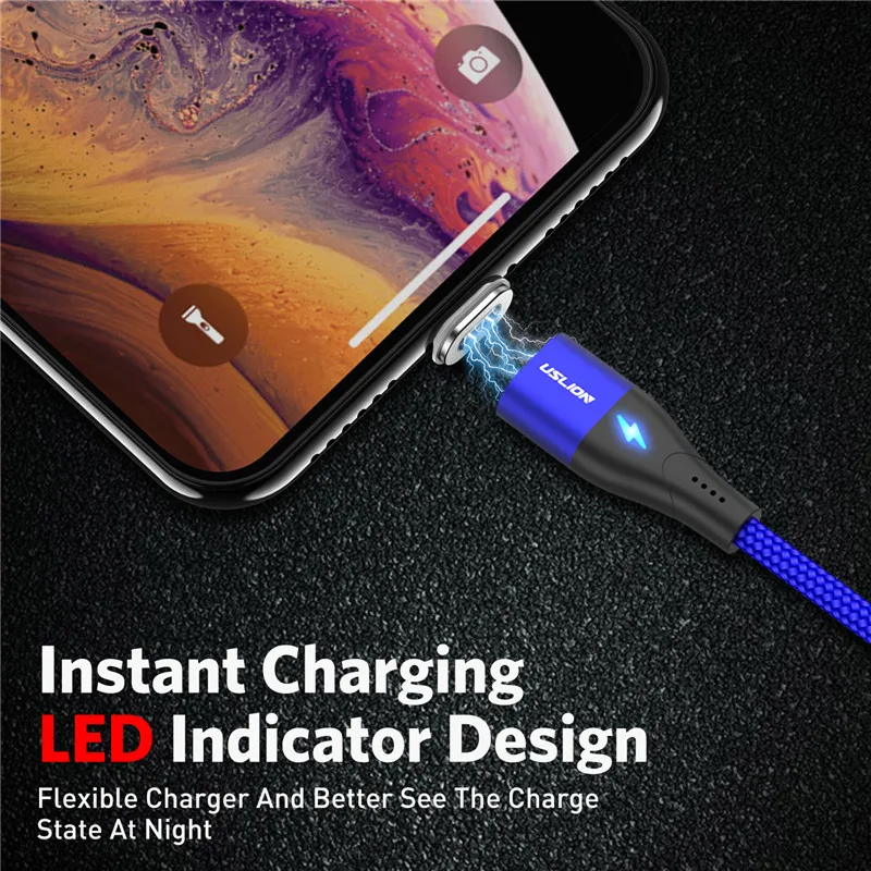 USLION 3A светодиодный магнитный кабель для быстрой зарядки iPhone XS Micro USB Type C Магнитный