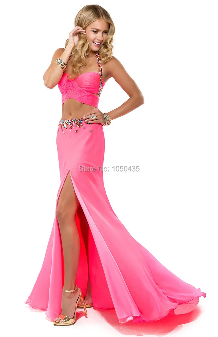 Halter High Split Dress Evening Gowns with Beads and Crystals Sexy Prom Dresses 2014 New Arrival Special Occasions PH49 | Свадьбы и