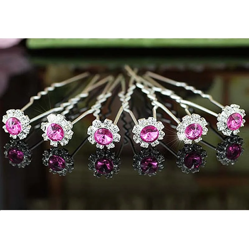 6 X Свадебные розовые цветочные заколки для волос с кристаллами CP1084 | Украшения и