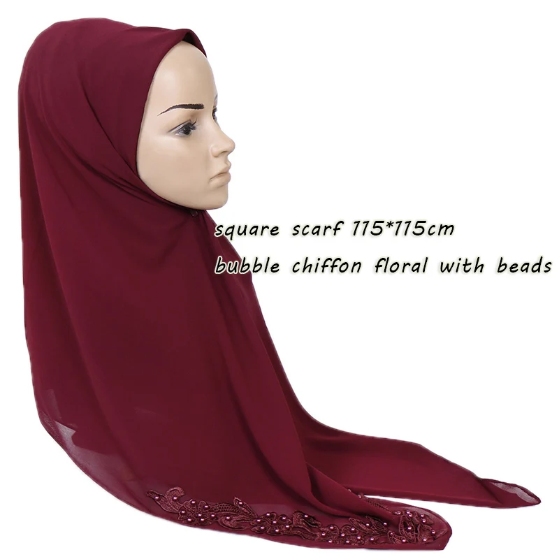 New square hijab scarf women bubble chiffon floral with beads shawl solid headband muslim scarves and wrap 115*115cm 20pcs/lot |