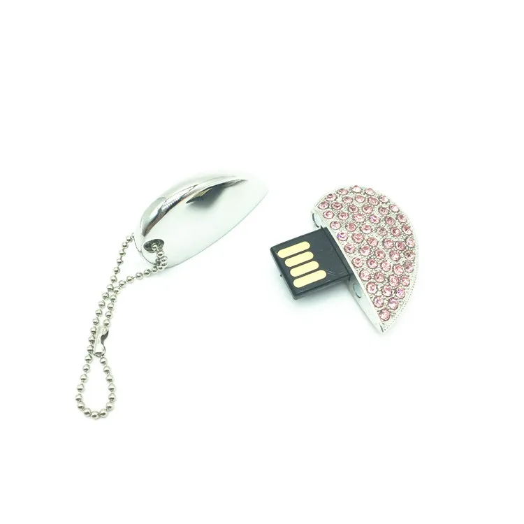 Металлический USB флеш накопитель с кристаллами в форме сердца + Подарочная