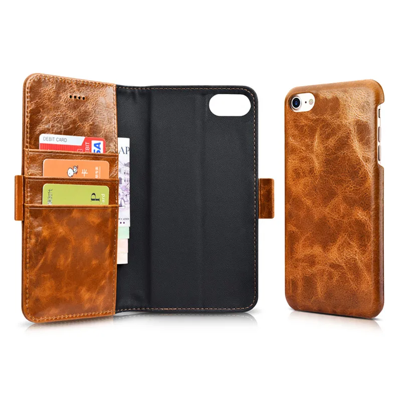 Чехол книжка ICARER Oil Wax из натуральной кожи со съемным 2 в 1 бумажником для IPhone 7 Plus 6 6S