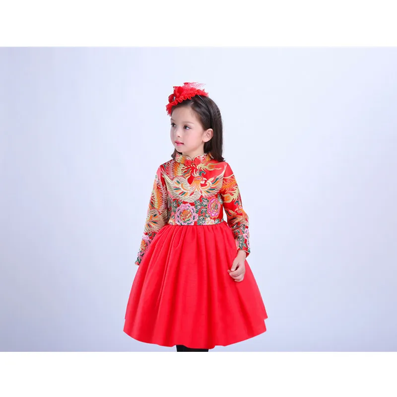 Детская зимняя Обувь для девочек платье с длинным рукавом Cheongsam новогоднее
