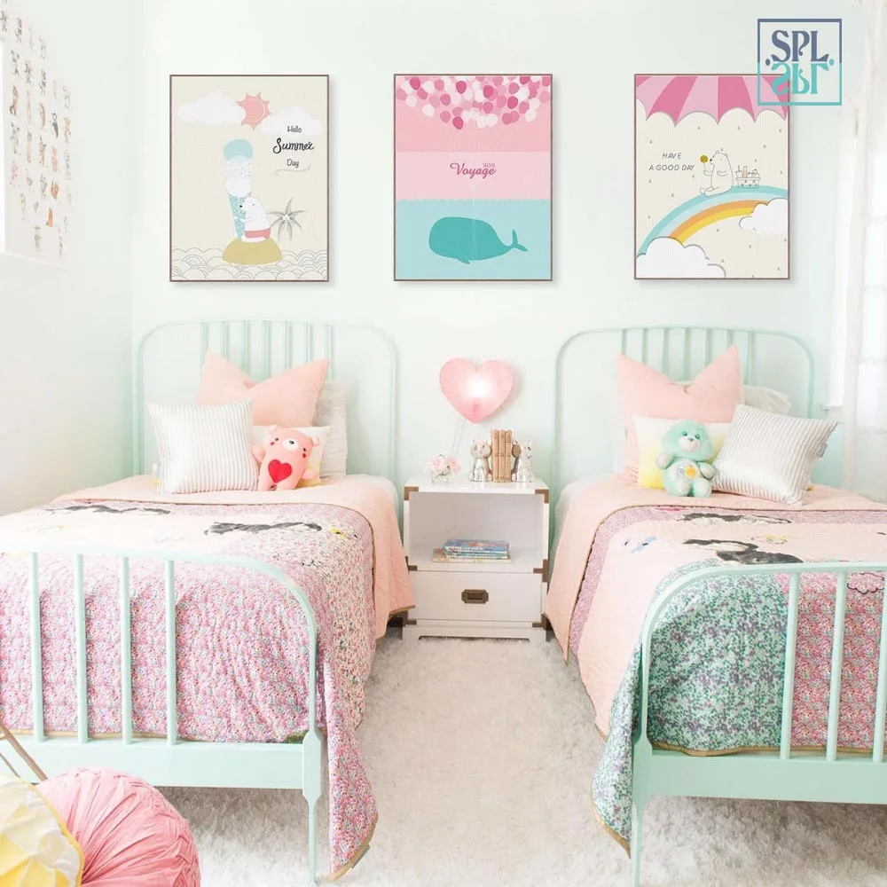 

SPLSPL Cute Bear Animal Painting Rainbow Cartoon Kids Room Decoration Unframed Wall Art Print Canvas Pictures children bedroom