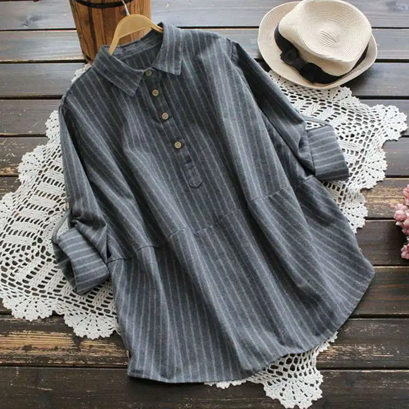 Mferlier Women Autumn Striped Shirt Turn Down Collar Adjustable Long Sleeve Splice Side Button Ladies Casual Blouse |
