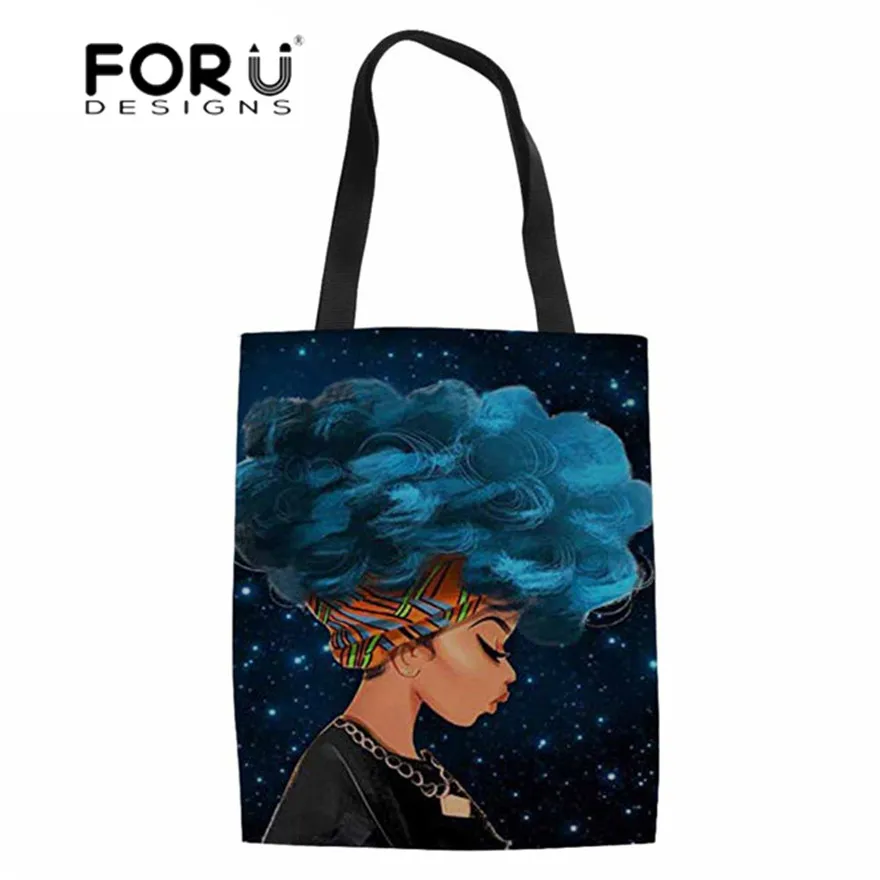 

FORUDESIGNS Women's Shopping Bags Foldable Canvas Tote Bag Black Art African Girls Printing Reusable Shopper Bags Females Bolsa