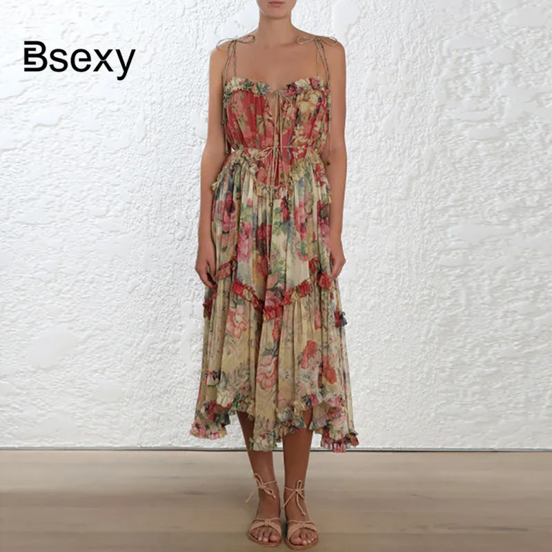 bohemian long dress 2018 trendy Women Summer boho mid-calf luxury brand Sexy Loose strap off shoulder floral ruffle | Женская одежда