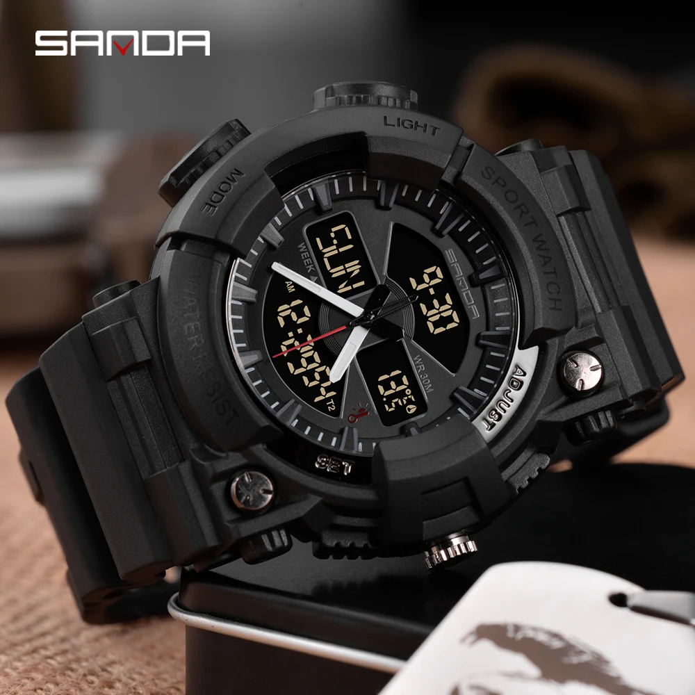 2019 new SANDA sports digital watch men's fashion waterproof thermometer military LED | Наручные часы