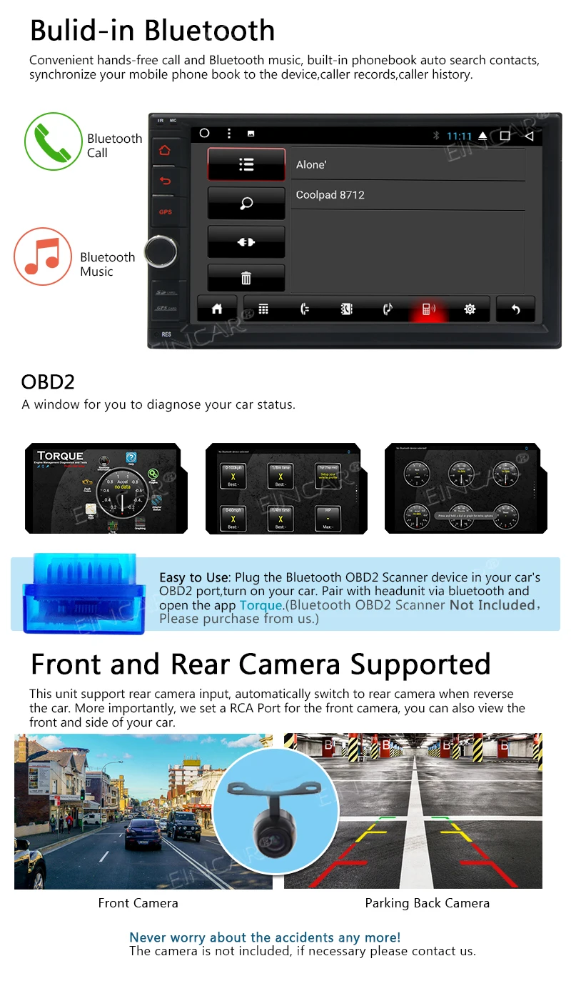 Стерео с gps навигации Поддержка Зеркало Ссылка 4G 3G Wi-Fi USB SD OBD2 Bluetooth 2 Din EinCar ОС Android 8 1