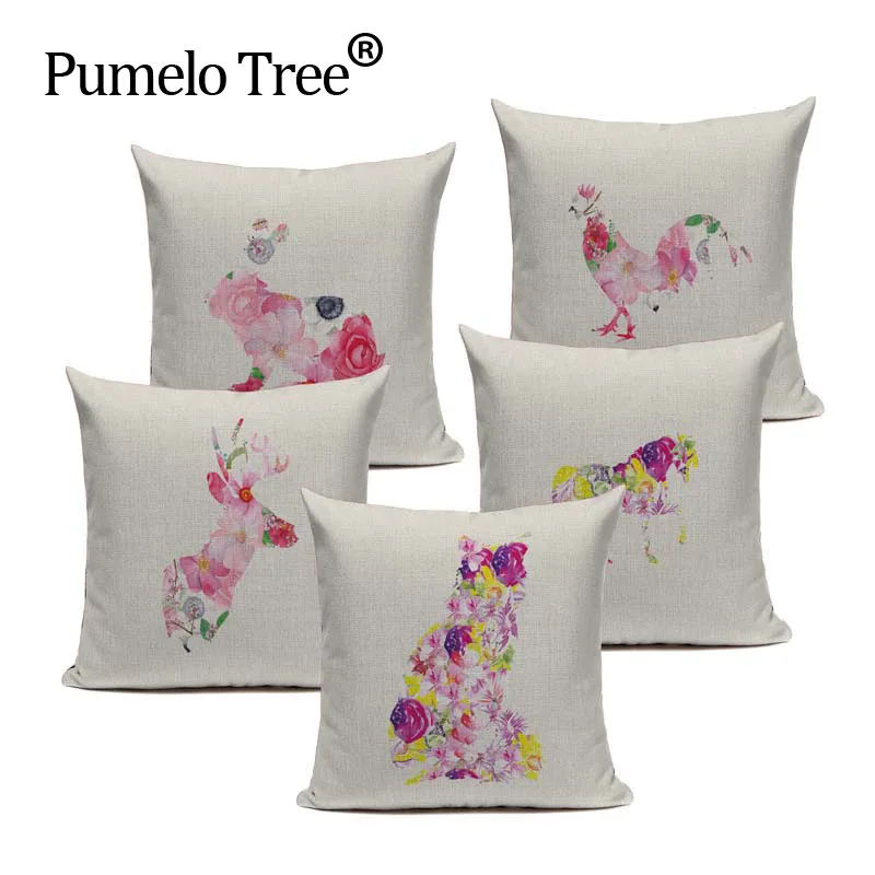 Наволочка с акварельными животными оленем Кроликом декоративная подушка