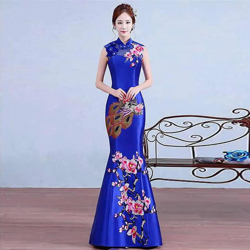 Королевского синего цвета с вышивкой в виде феникса китайское платье Ципао