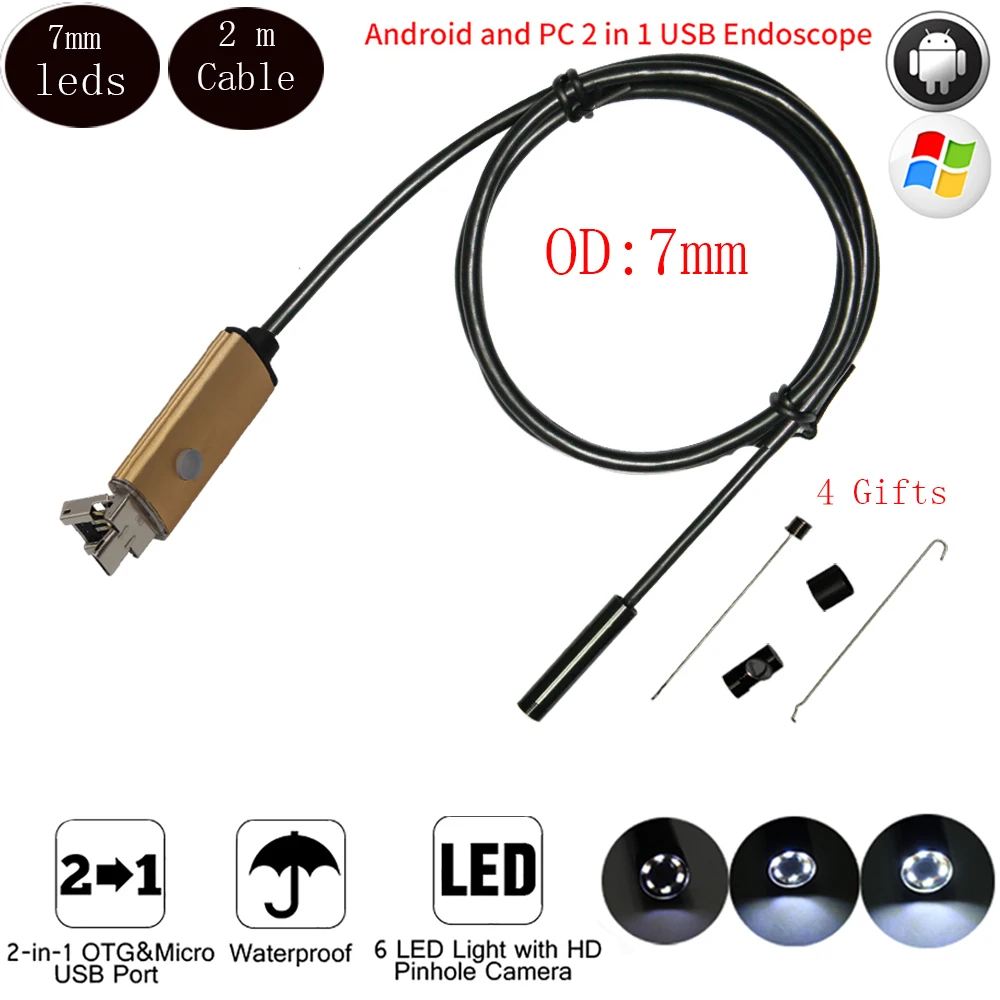 USB эндоскоп с объективом 7 мм 2 м 6 светодиодов|usb borescope camera|endoscope cameraborescope camera |