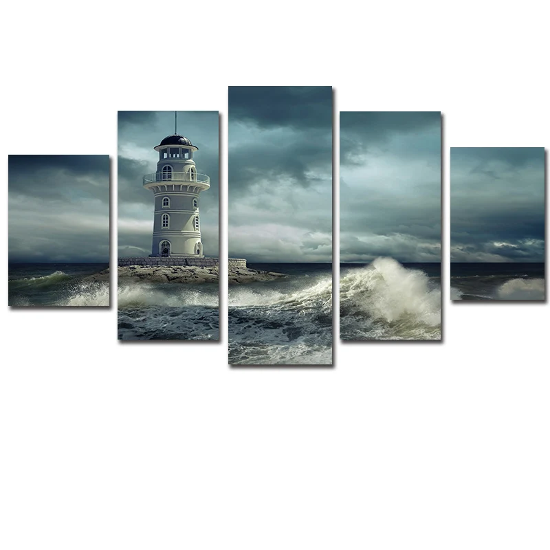 

CLSTROSE Lighthouse Cloudy Seascape Modern Canvas Painting 5 Panels Prints Home Decor Wall Art Pictures 5 Panels For Living Room