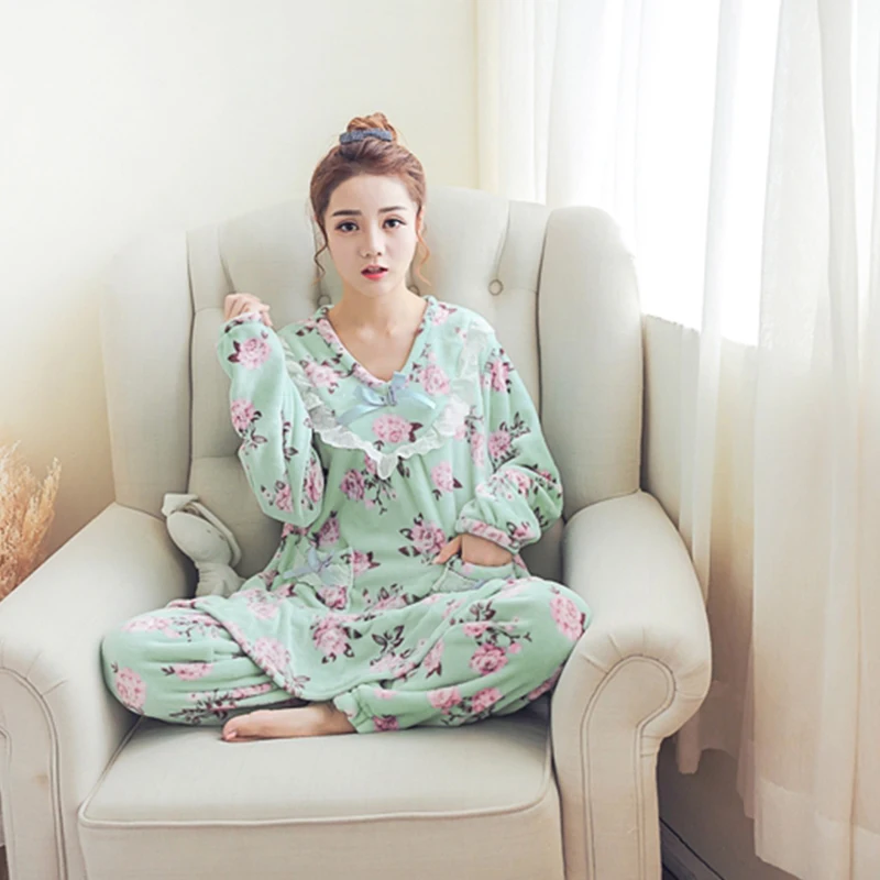 Womenpyjama Наборы для ухода за кожей Фланелевая Пижама милая девушка с цветочным