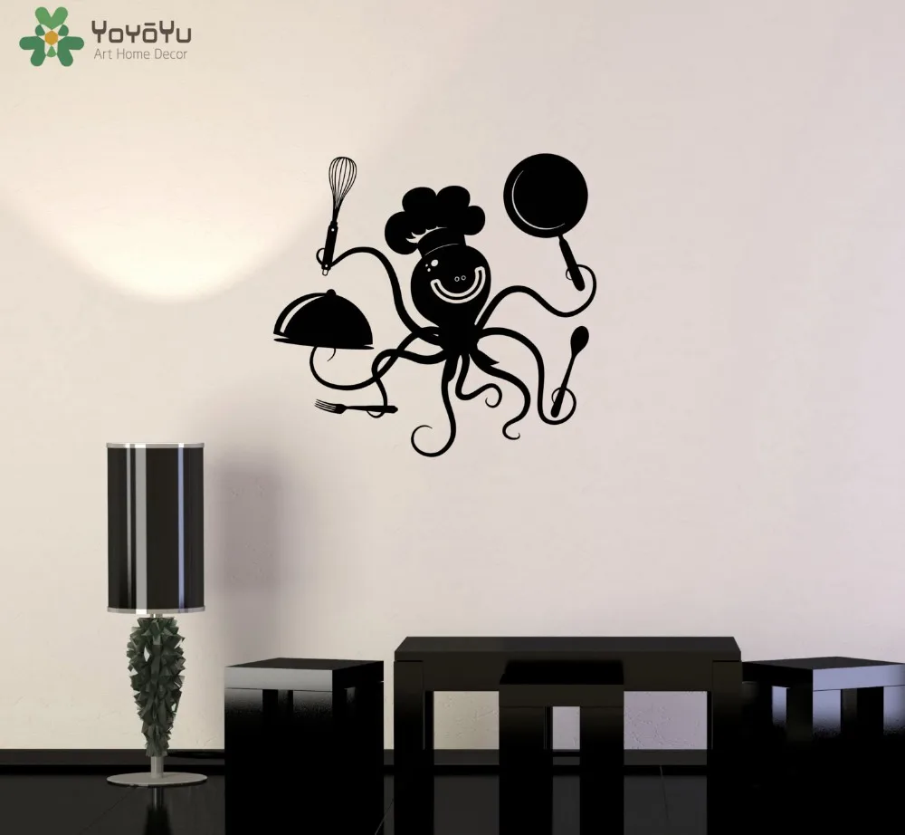 Kitchen Wall Decal Funny Octopus Chef With Pots And Pans Pattern Restaurant Vinyl Stickers Modern Design Animal Decor SY148 | Дом и сад