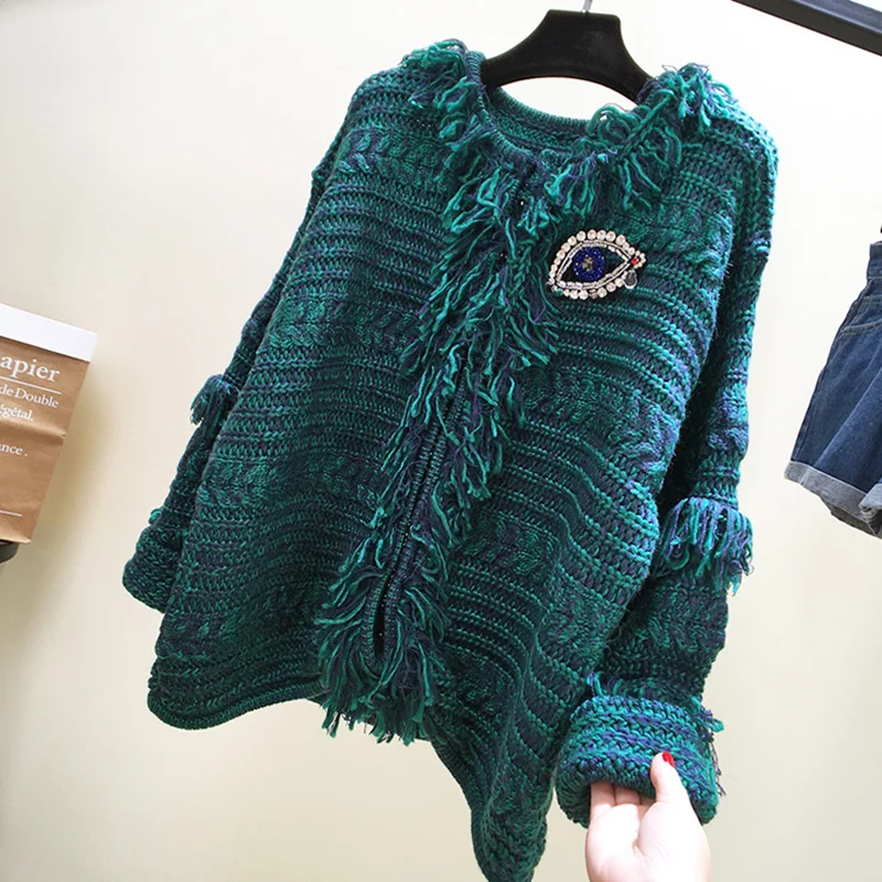 2018 chic autumn and winter new women's Korean matching knit nail drill tassel cardigan coat |