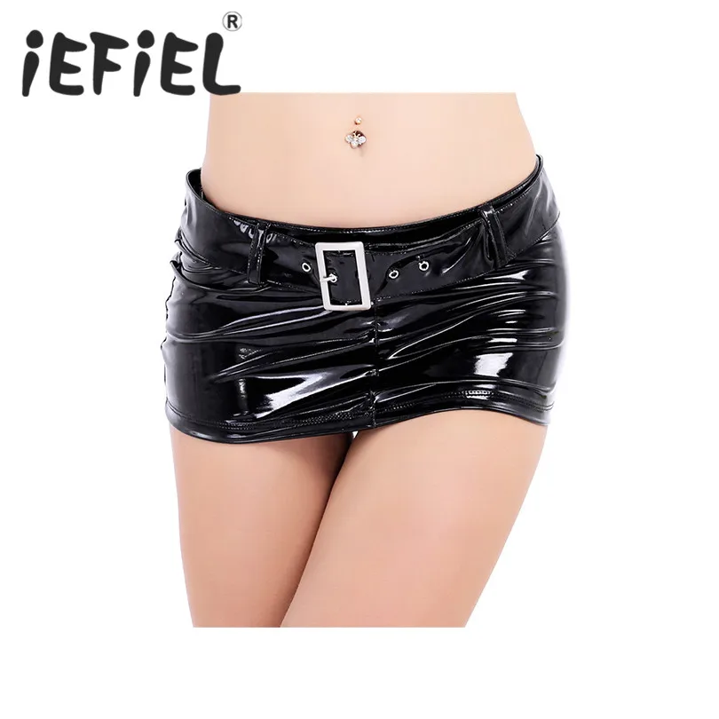Сексуальная Женская юбка iEFiEL из лакированной кожи короткая мини с поясом на