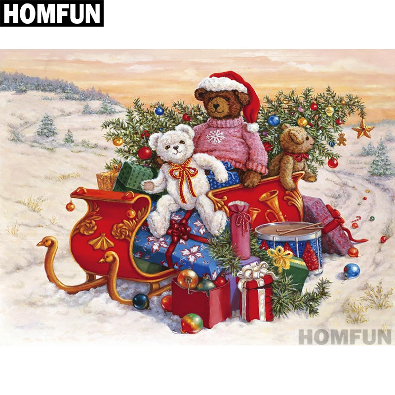 Алмазная живопись HOMFUN A01262 Рождественский Медведь полноразмерная/круглая