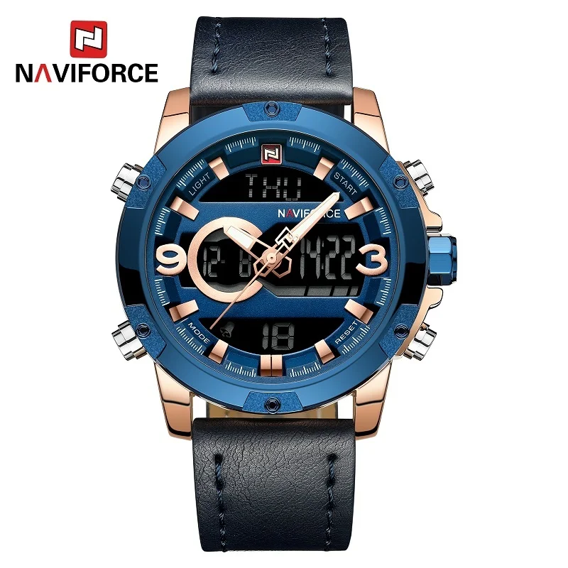 NAVIFORCE мужские спортивные часы Топ люксовый бренд кварцевые цифровые часы кожаный ремешок водонепроницаемые Модные Военные аналоговые Мужские часы - Цвет: BLUE RG BLUE
