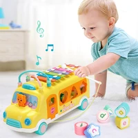 new arrival 3 in 1 toy bus with doors that open educational set with slide out xylophone and shape matching blocks for kids baby