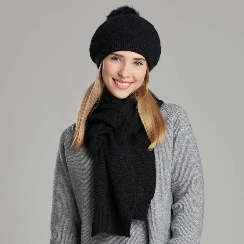 Женская Зимняя шерстяная вязаная шапка шарф с помпоном из кроличьей шерсти|knitted