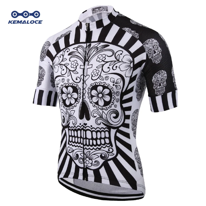 

KEMALOCE Cycling Jersey Men Polyester White Skull Pro Bike Wear Summer Quick Dry Cycling Top Sublimation Printing Bicycle Shirt
