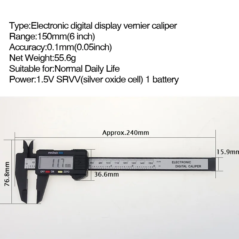Free Shipping Vernier Caliper 150mm 6inch Accuracy 0.1mm Digital Display Plastic Simple Black White | Инструменты