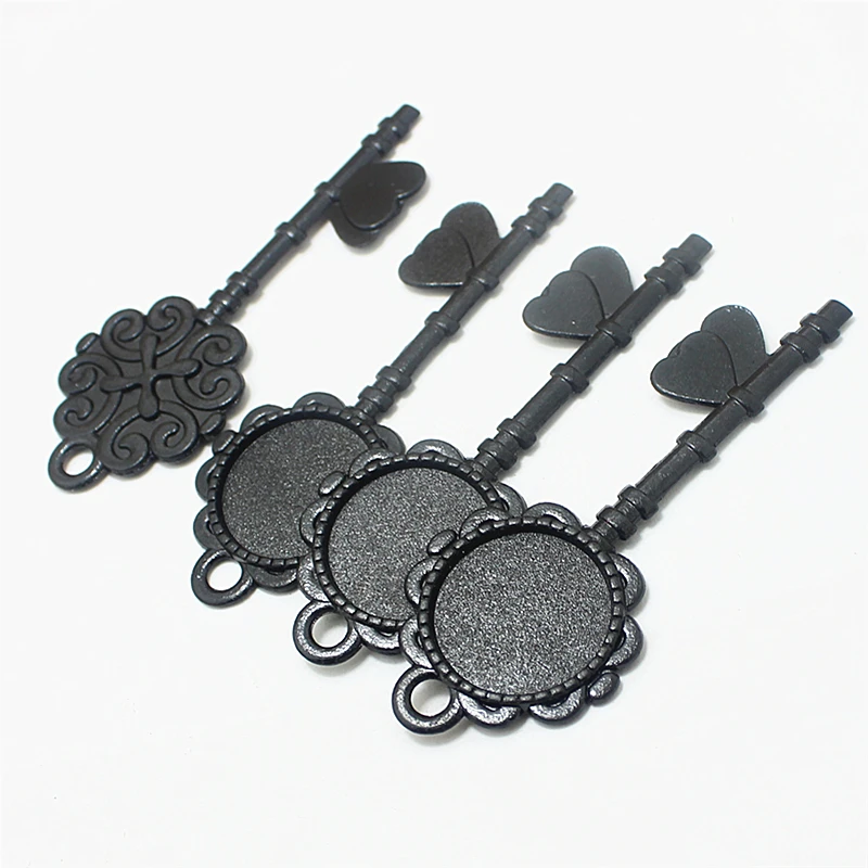 

Sweet Bell 8set black Metal Alloy keys charm 28*72mm(Fit20mm DiA) Round Cabochon Pendant Settings+Clear Glass Cabochons