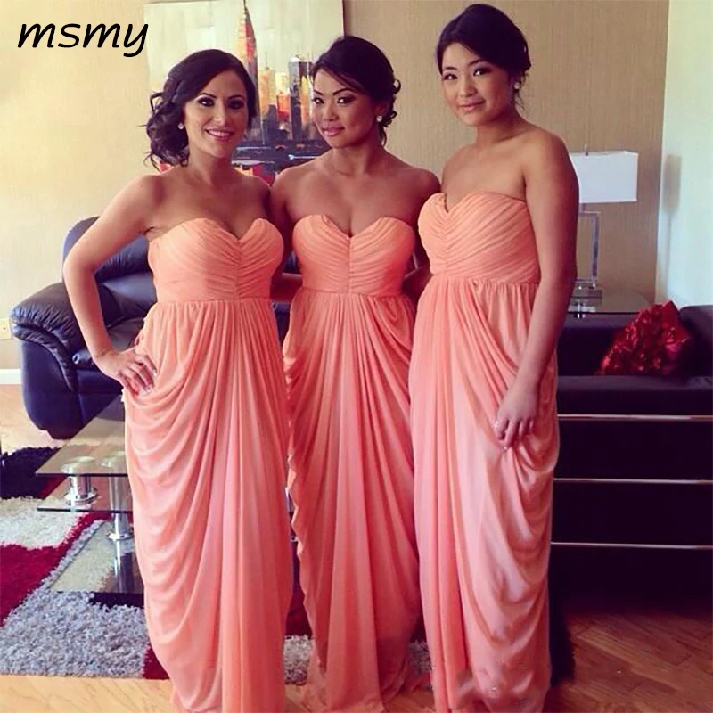 

Simple Coral Bridesmaid Dresses Sweetheart Floor Length Chiffon Ruffles Exquisite Bridesmaids Formal Party Gowns Long Cheap
