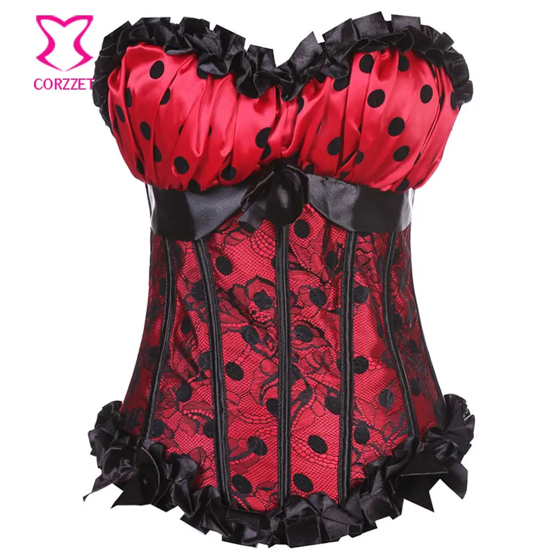Женский корсет в горошек красный и черный с кружевом божья коровка пуш ап на