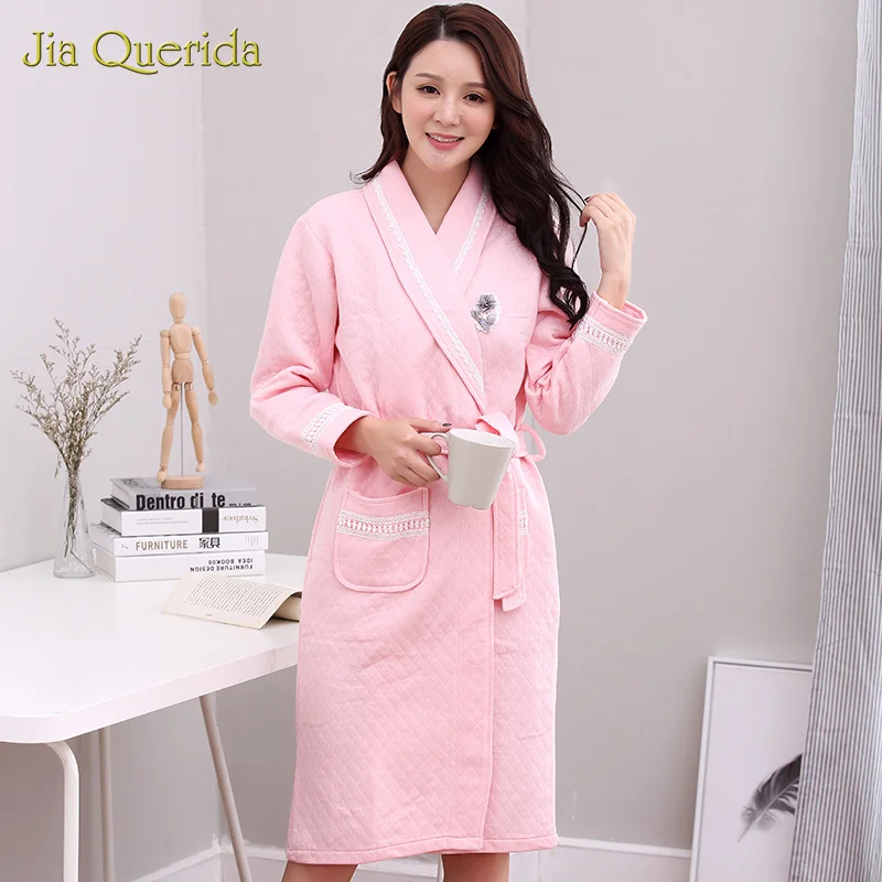 Peignoir Femme Batas De Mujer Robe женское нижнее белье большие размеры хлопок толстый розовый