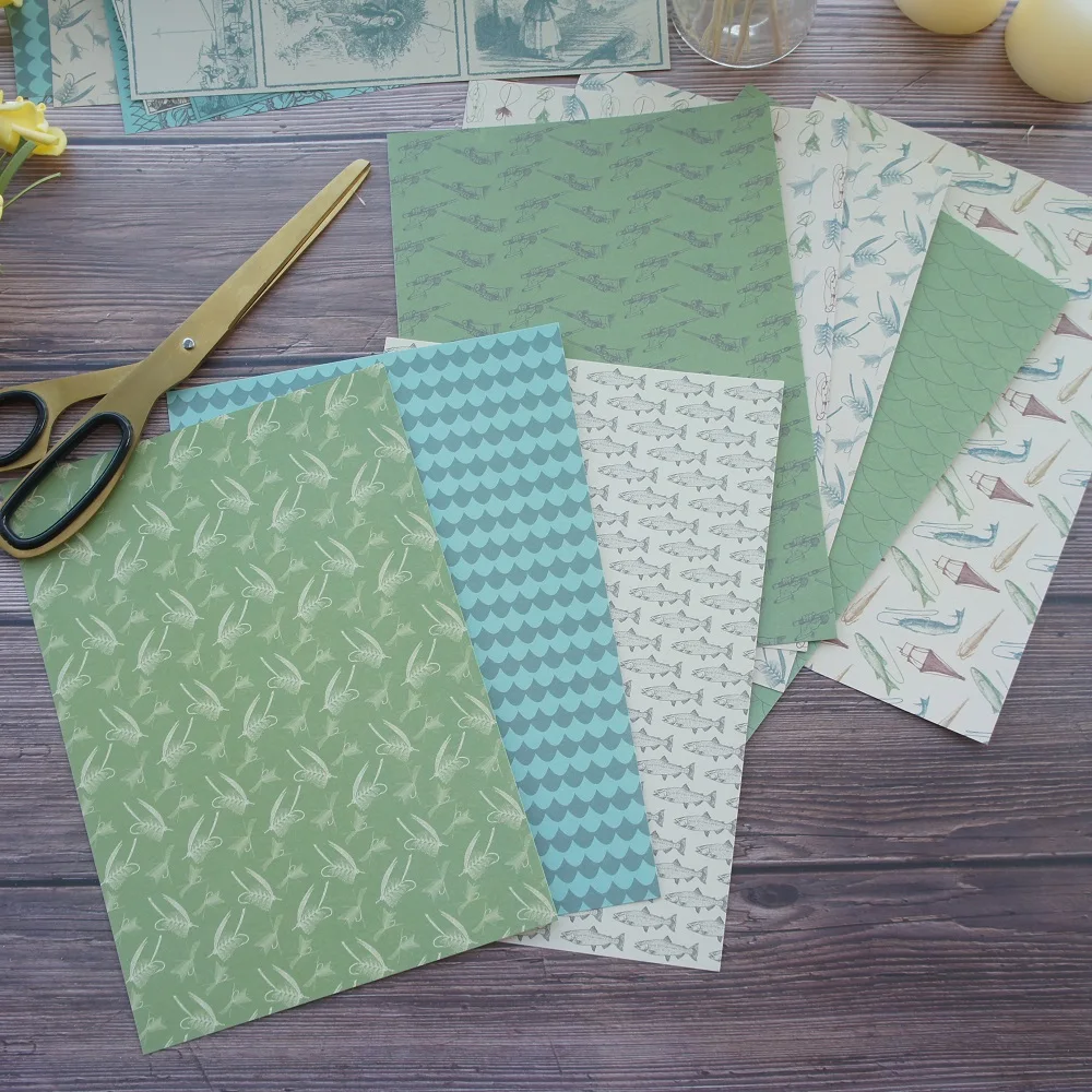 24 sheets A5 size DIY go fishing green design gift wrapping paper creative craft handmade scrapbooking kit set | Дом и сад