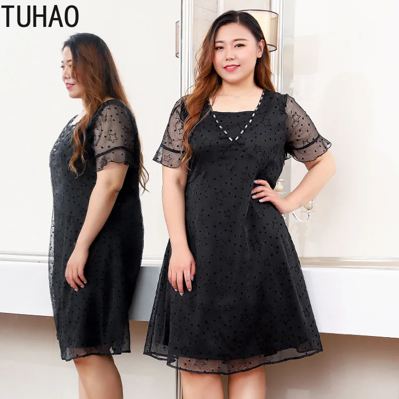 TUHAO Летняя мода взлетно-посадочной Платье черного цвета большие Размеры s 10XL 9XL по колено со звездой элегантные Платья для вечеринок размера плюс Для женщин платья MS05