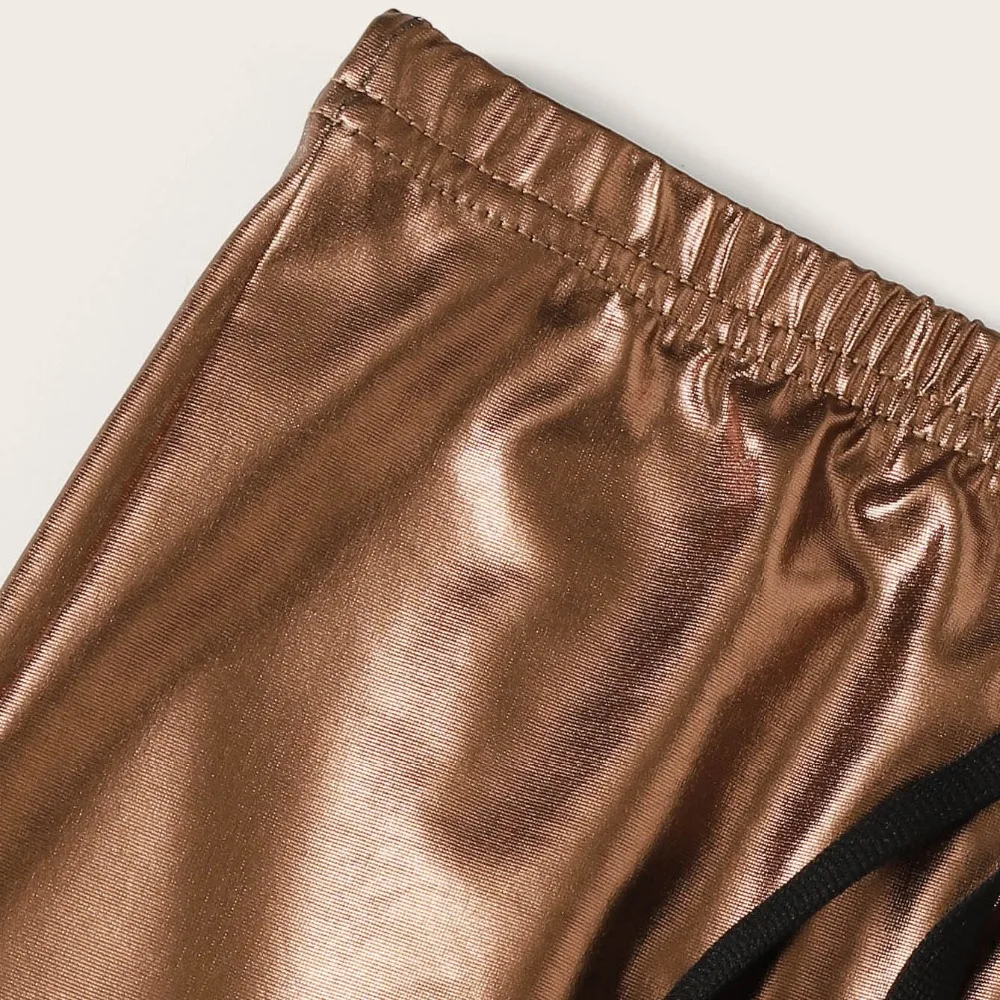 SHEIN однотонные шорты из искусственной кожи с завязками на талии, женская одежда, женские Гламурные Серебристые летние шорты с эластичной талией