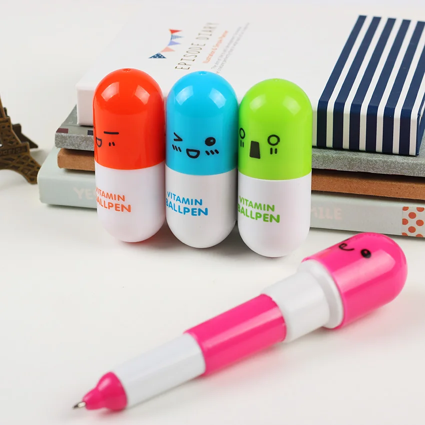 

6 PCS Cute Smiling Face Pill Ballpoint Pen Telescopic Vitamin Capsule Ballpen Office School Supplies Kids Gift
