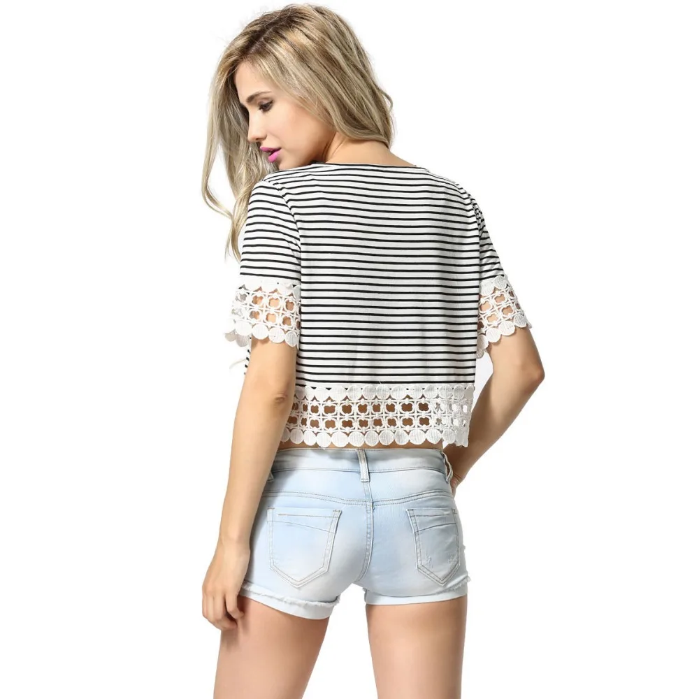 2017 женские Топы Тонкий Сексуальный Полосатый С Коротким рукавом Футболки