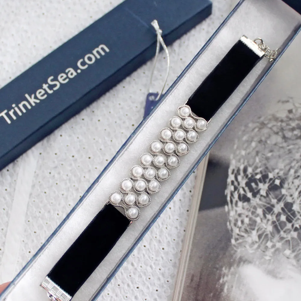 TrinketSea Новый Модный 2017 Черный Мягкий Бархат Жемчуг Группа Шарм Браслеты Для