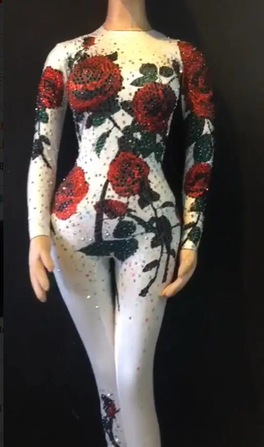 

Женская разноцветная роза с декором в виде цветка, комбинезон вечерние стрейч стразы s сценический костюм одежда Стразы праздновать боди