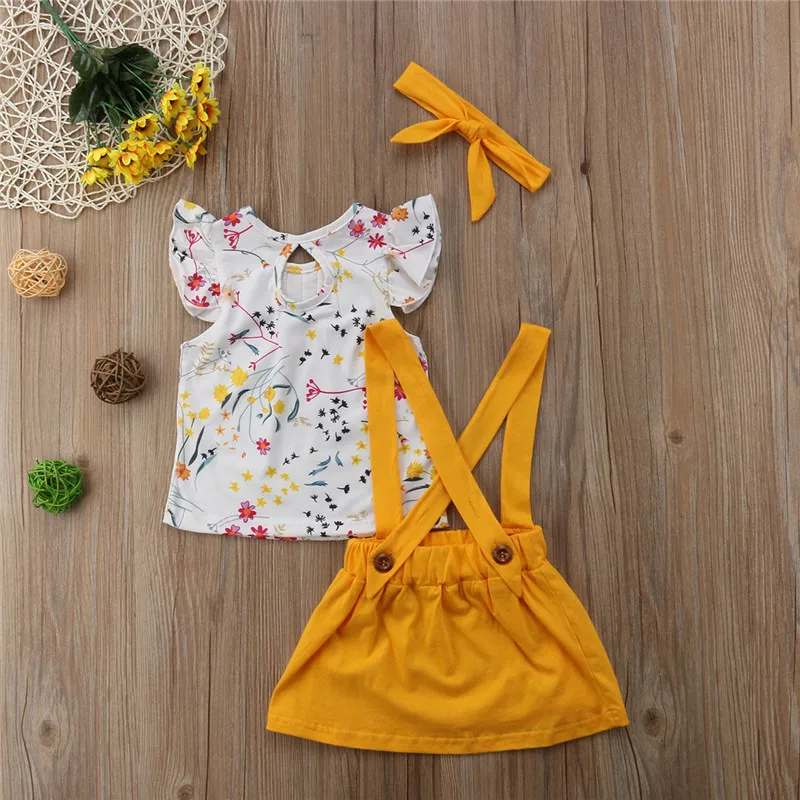 Summer Children's Clothing New 2018 Toddler Kids Baby Girls Floral Printed Short Sleeve Tops+Belt Skirt Overalls Outfits | Мать и