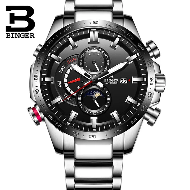 Silver Black Швейцарские мужские механические часы Бингер, модные спортивные светящиеся водонепроницаемые автоматические часы с турбийоном для бега - Color: Silver Black
