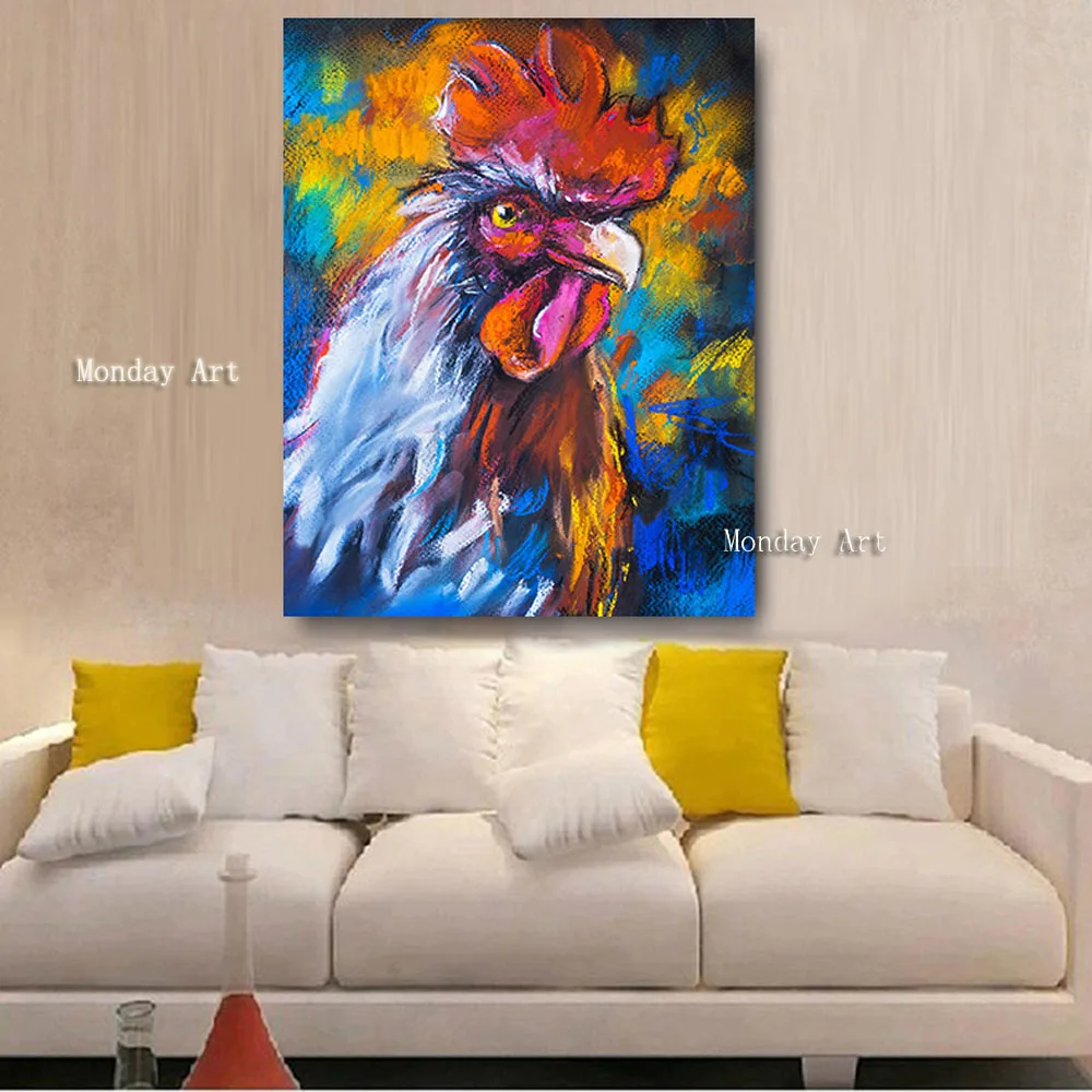 

Hand painted Embelish Canvas Oil Paintings For Living Room poster Colorful Rooster On A Cardboard Animals Wall artwork painting